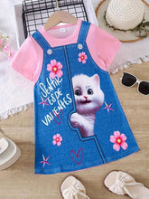 1pc Girls' Casual Cat, Flower & English Letter Print Short Sleeve Denim-Like Dress, Summer